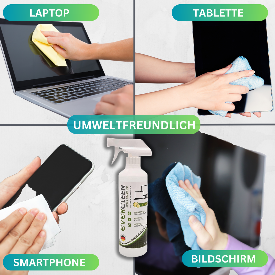 Evercleen 500ml Bildschirmreinigungsspray mit Mikrofasertuch | Reinigungsflüssigkeit | Für Smartphone, Laptop, Tablet, TV, LCD/TFT, LED, OLED, Monitore, Uhren.