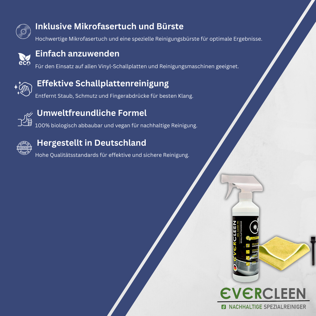 EVERCLEEN Vinyl Record Cleaner Pro Schallplattenreiniger 500ml + Samtbürste + Mikrofasertuch + Bürste.